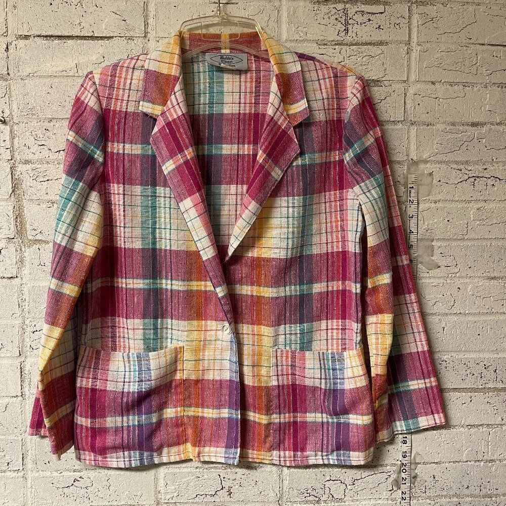 Vintage Bobbi's Closet Striped Plaid Cotton Blend Blazer Jacket Plus Curvy 13/14
